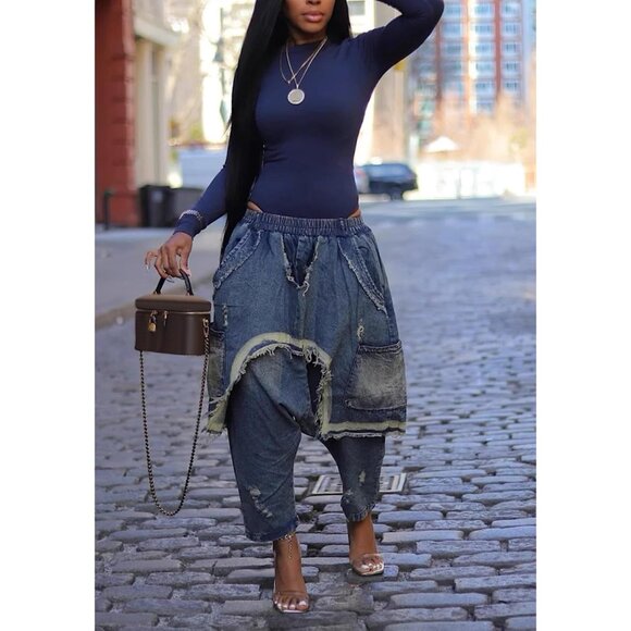 Women's Denim Harem Jeans High Waist Baggy Patchwork Frayed Hem - Picture 3 of 6